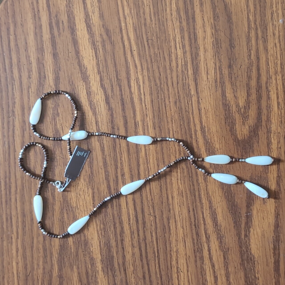 NWT J. Jill Mother-of-Pearl Shell & Brown Beaded Y-Shaped Lariat Necklace